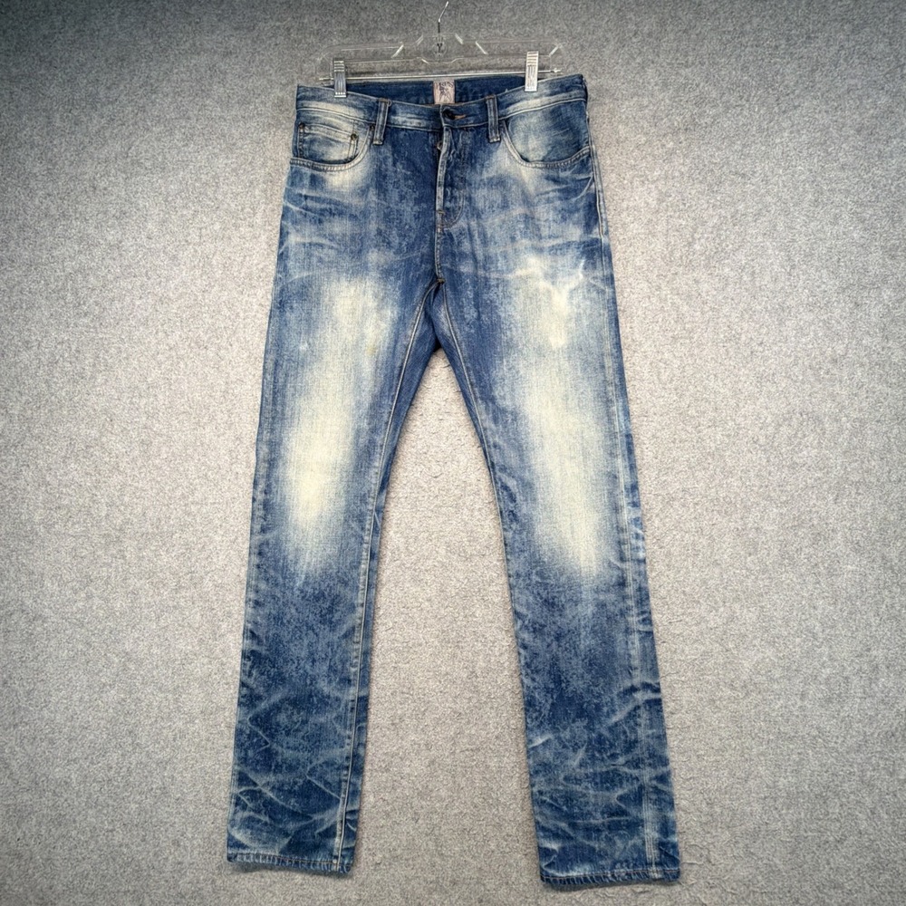 Mens PRPS Jeans Blue Lightning Streaks Wash Button Fly Straight Leg 31x34